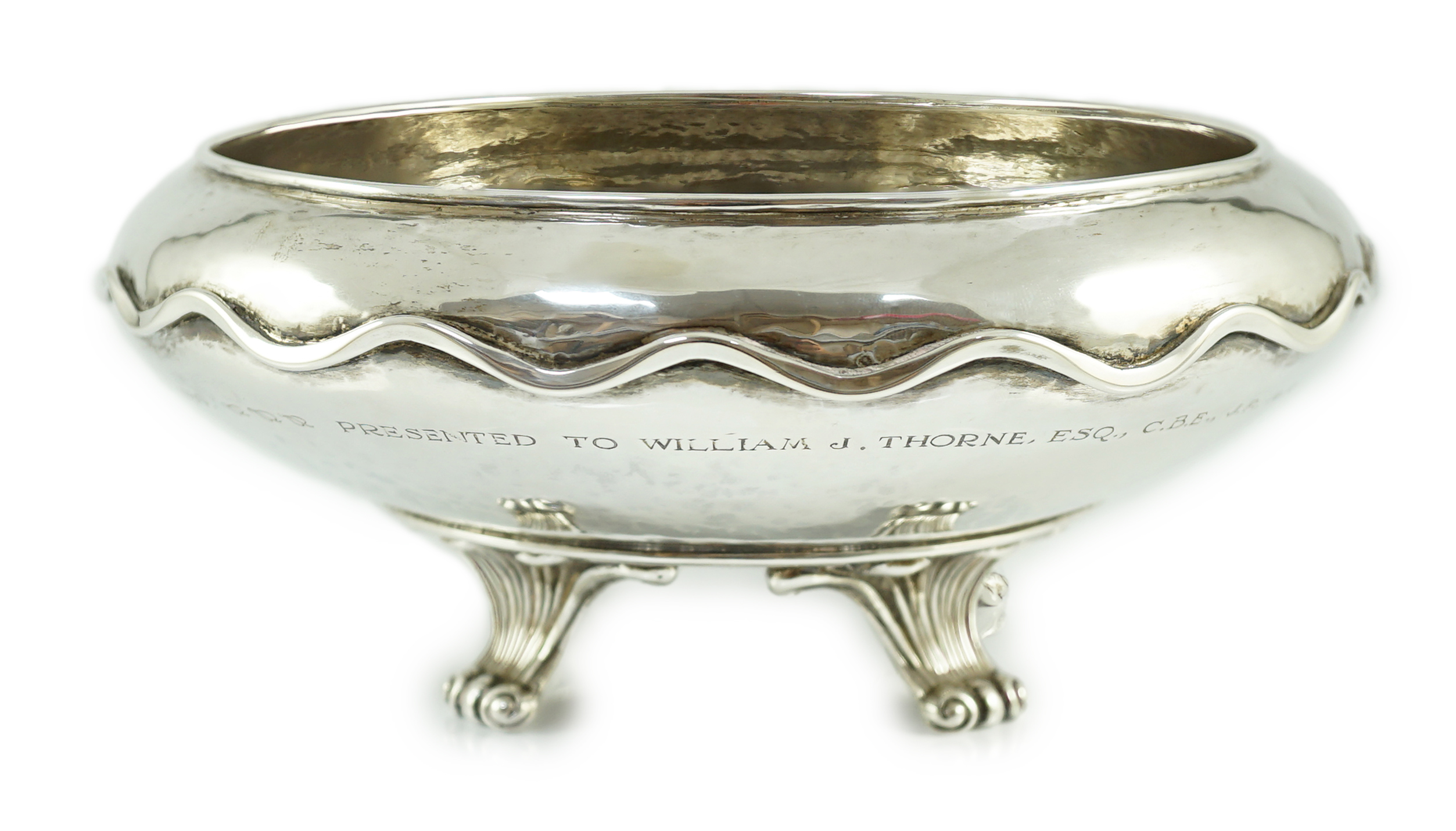 A George V Omar Ramsden planished silver shallow bowl